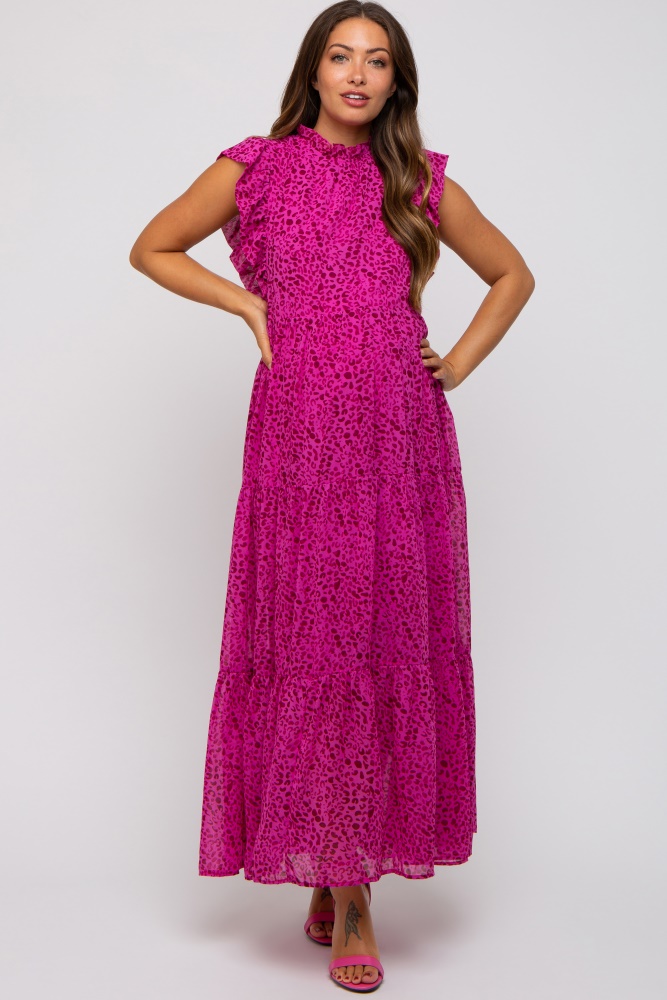 Fuchsia Animal Print Ruffle Mock Neck Tiered MIDI Dress