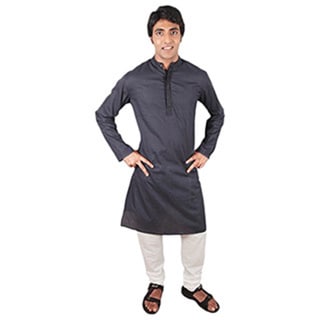 Handmade Indian Clothing Men's Fitted Long Kurta Tunic Banded Collar Embellished Placket Shirt Set (India)