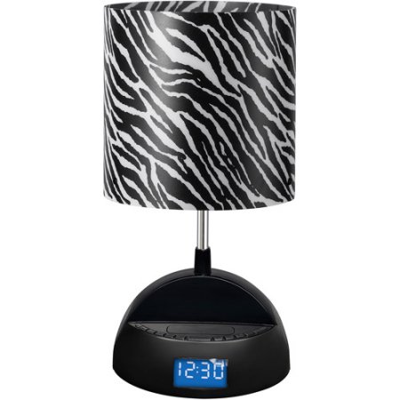 LighTunes Bluetooth Speaker Lamp with Alarm Clock/FM Radio/USB Charging Port, Zebra Shade