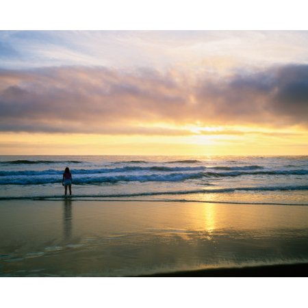 Rear View of Woman on Beach Looking Toward Horizon Canvas Art - Panoramic Images (22 X 27)