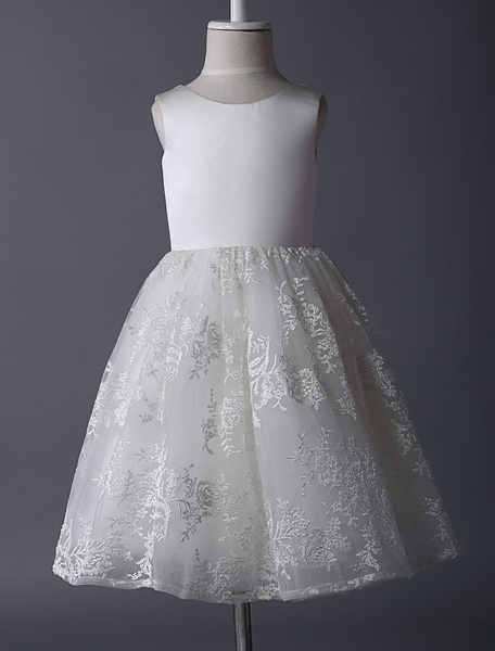 Ivory Puffy Pricness Flower Girl Dress with Satin Bodice and Lace Skirt