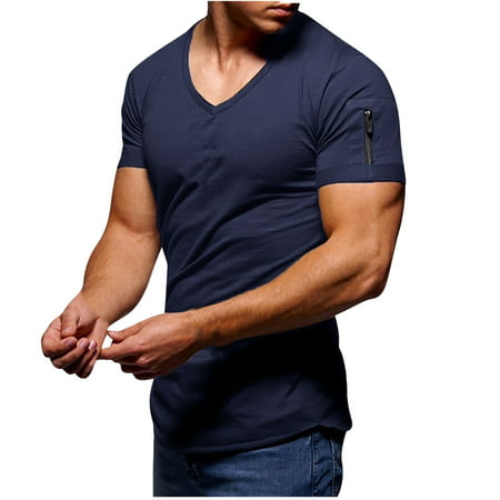 Njoeus Shirt Shirt Men S Zipper Summer Solid Color Slim Fit V-Neck Fashion Short Sleeve Top T-Shirt Shirt