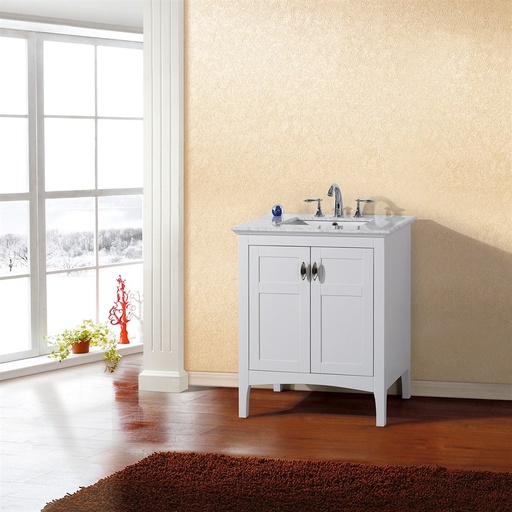 7613 Collection 7613-WH-WH 30" Single Sink Vanity with 2 Doors  1 Shelf  White Carrara Marble Countertop  White Ceramic Sink  Brushed Nickel Hardware