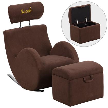 LD-2025-BN-EMB-GG Personalized HERCULES Series Brown Fabric Rocking Chair with Storage