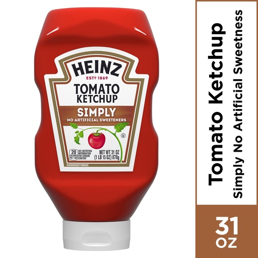 Heinz Simply Tomato Ketchup with No Artificial Sweeteners  31 Oz Bottle