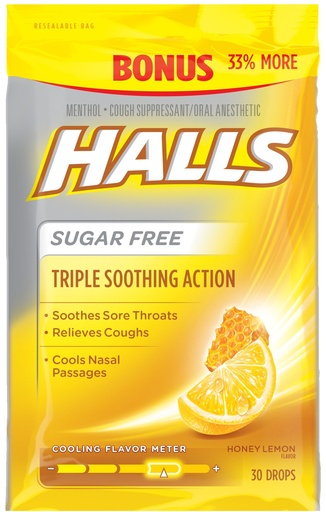 Halls Relief Honey Lemon Cough Suppressant/Oral Anesthetic Menthol Drops - 30 Ct