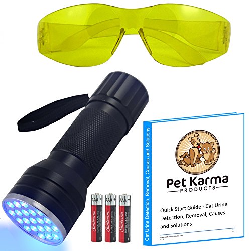 #1 UV Blacklight Cat Dog Urine Detector Kit - Full Price Real Reviews - (21 LED UV Black Light, Batteries, UV Glasses, Guide) - Use for Detecting Dry