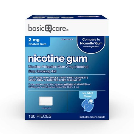 Basic Care Coated Nicotine Polacrilex Gum 2 Mg (nicotine), Ice Mint Flavor, Stop Smoking Aid, 160 Count