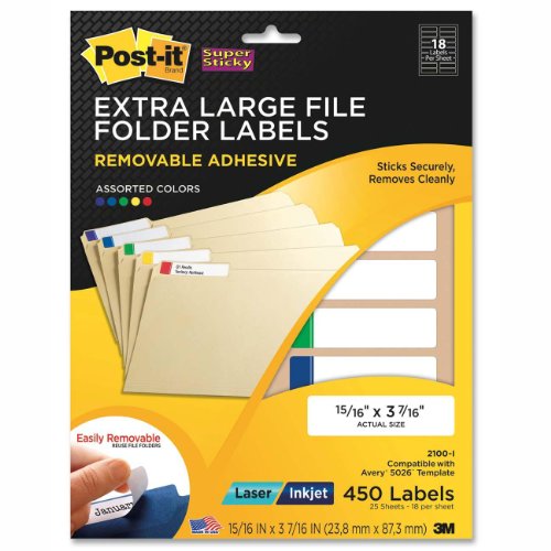 [B002KA1G5Q] Post-it® Super Sticky Removable File Folder Labels, 0.937 X 3.437 Inches, Assorted Colors, 450 per Pack (2100-I)